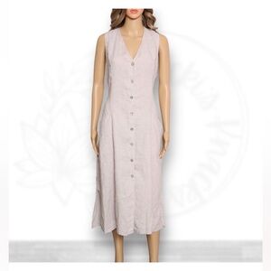 Tahari 100% Linen Sleeveless Button Front Midi Dress Tan Pockets Beige Size 16